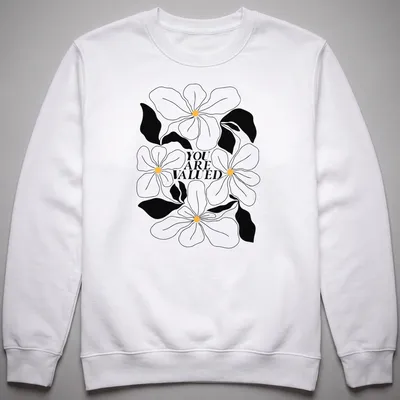 Line-art design featuring flowers with the phrase 'YOU ARE VALUED' in black, white, and yellow. — printed on a unisex sweatshirt