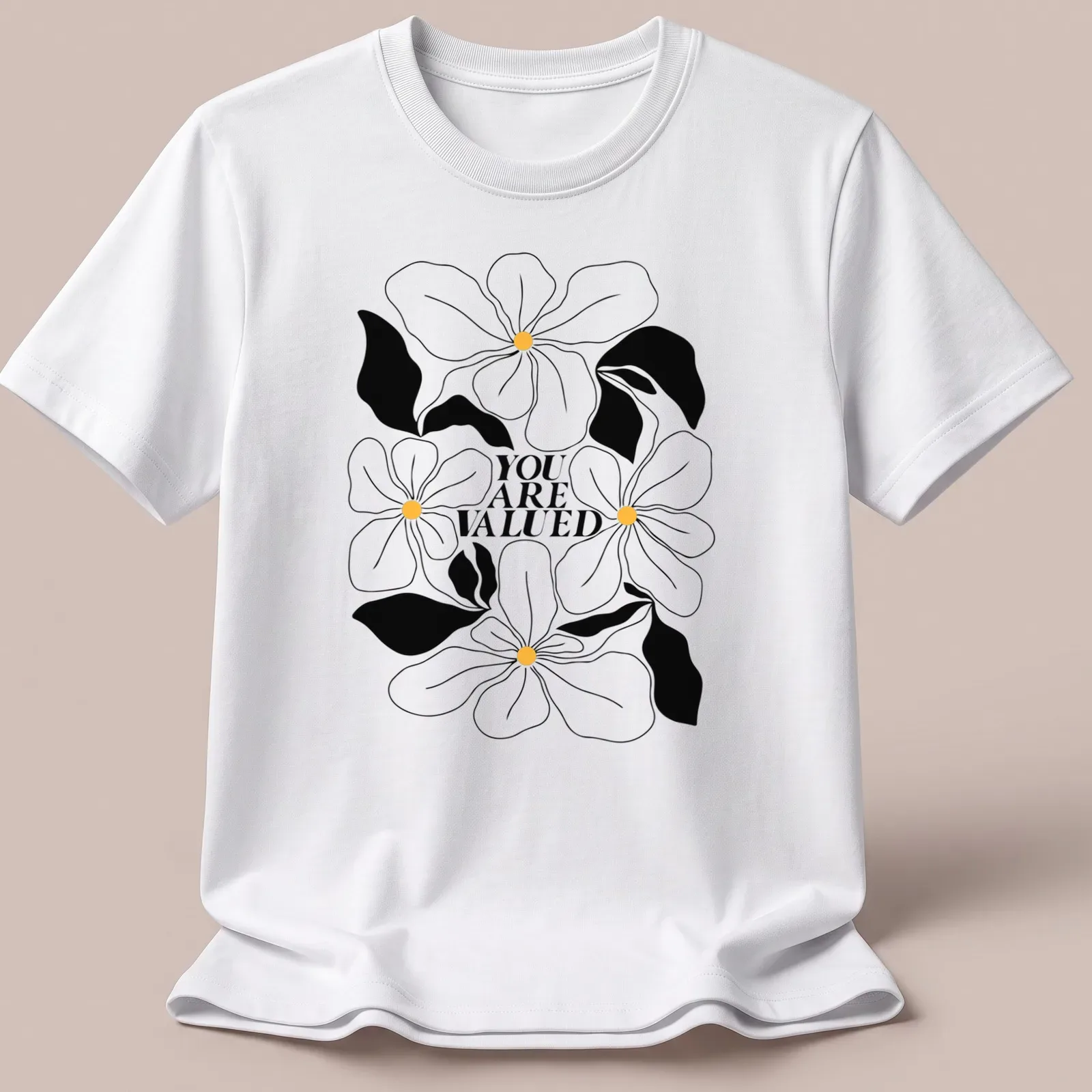 Line-art design featuring flowers with the phrase 'YOU ARE VALUED' in black, white, and yellow. — printed on a unisex t-shirt