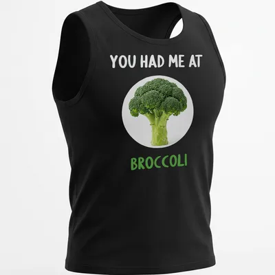 Funny broccoli-themed shirt with playful text in green and white — printed on a tank top