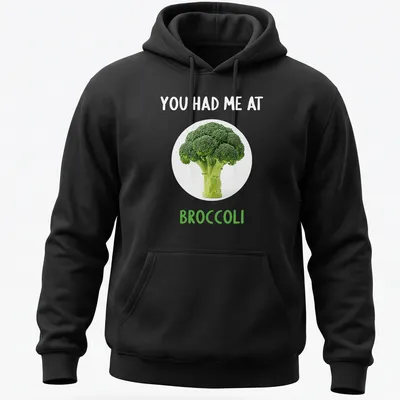 Funny broccoli-themed shirt with playful text in green and white — printed on a unisex hoodie