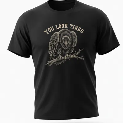Vintage illustration of a tired vulture with the text 'YOU LOOK TIRED' in brown
