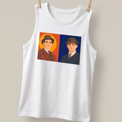 Flat illustration of two young men in suits, styled as young detectives in varied colors. — printed on a tank top