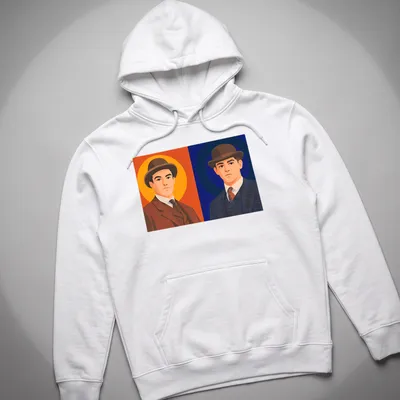 Flat illustration of two young men in suits, styled as young detectives in varied colors. — printed on a unisex hoodie