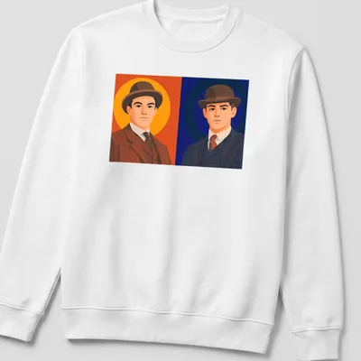Flat illustration of two young men in suits, styled as young detectives in varied colors. — printed on a unisex sweatshirt