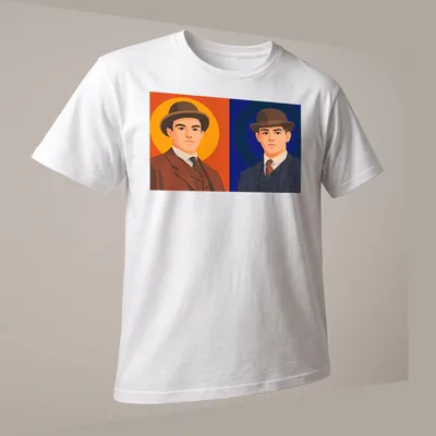 Flat illustration of two young men in suits, styled as young detectives in varied colors. — printed on a unisex t-shirt (angled view)