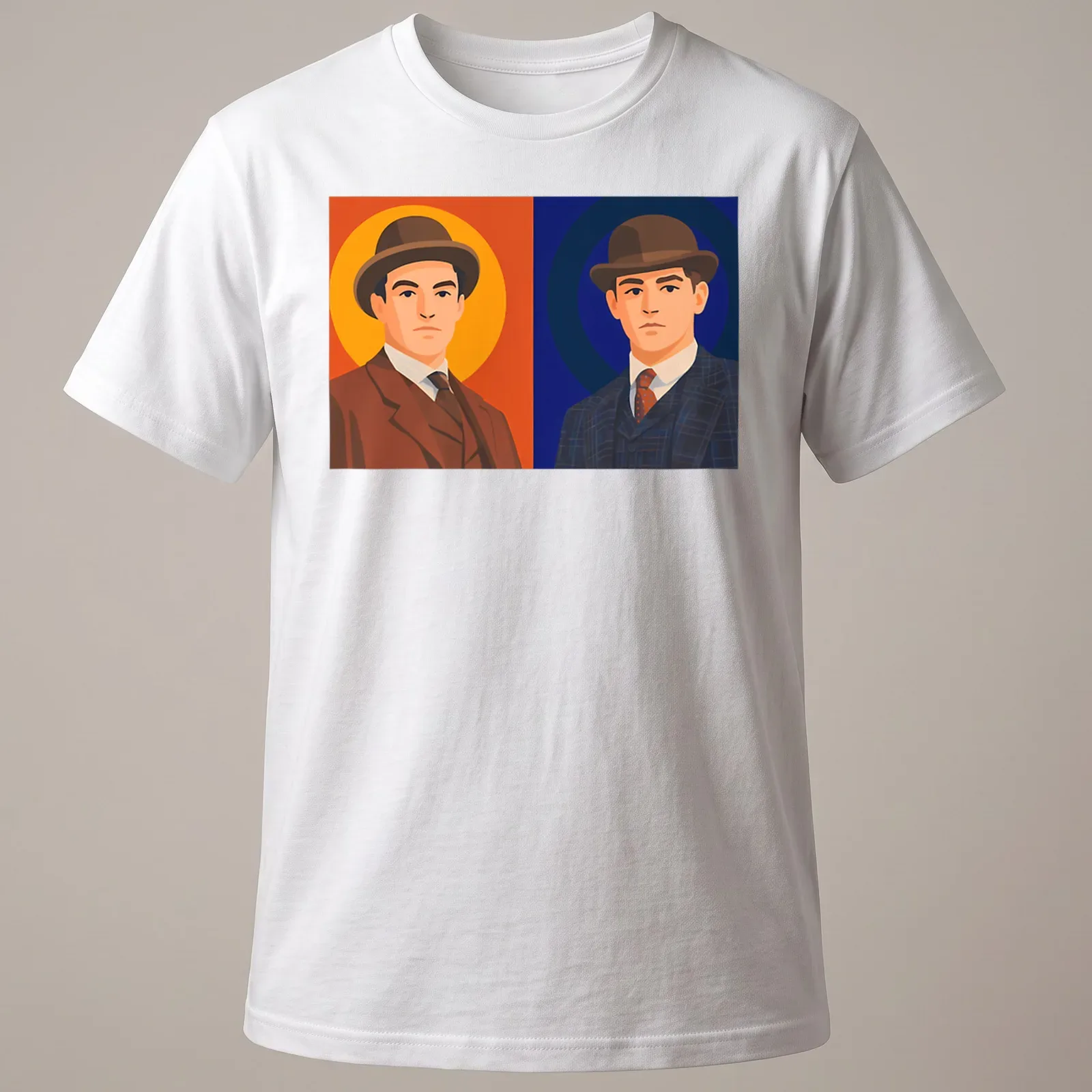 Flat illustration of two young men in suits, styled as young detectives in varied colors. — printed on a unisex t-shirt