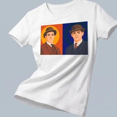 Flat illustration of two young men in suits, styled as young detectives in varied colors. — printed on a women's shirt