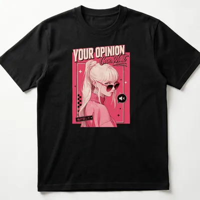 Anime-inspired t-shirt with a stylish girl and the phrase 'YOUR OPINION Can Wait'