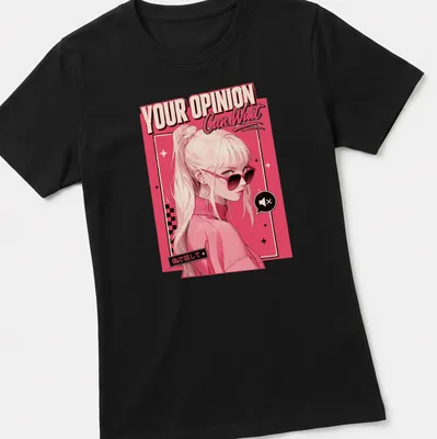 Anime-inspired t-shirt with a stylish girl and the phrase 'YOUR OPINION Can Wait' — printed on a women's shirt