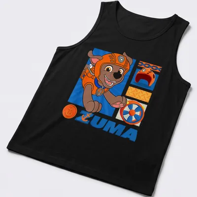 Colorful cartoon ZUMA design from Paw Patrol on an orange — printed on a tank top