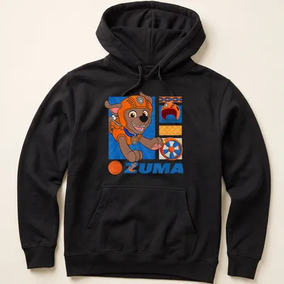 Colorful cartoon ZUMA design from Paw Patrol on an orange — printed on a unisex hoodie