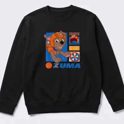 Colorful cartoon ZUMA design from Paw Patrol on an orange — printed on a unisex sweatshirt