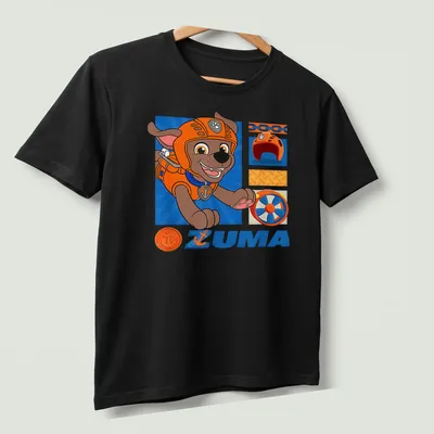 Colorful cartoon ZUMA design from Paw Patrol on an orange — printed on a unisex t-shirt (angled view)