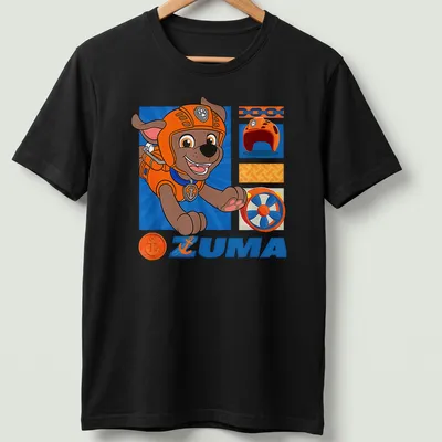 Colorful cartoon ZUMA design from Paw Patrol on an orange tee