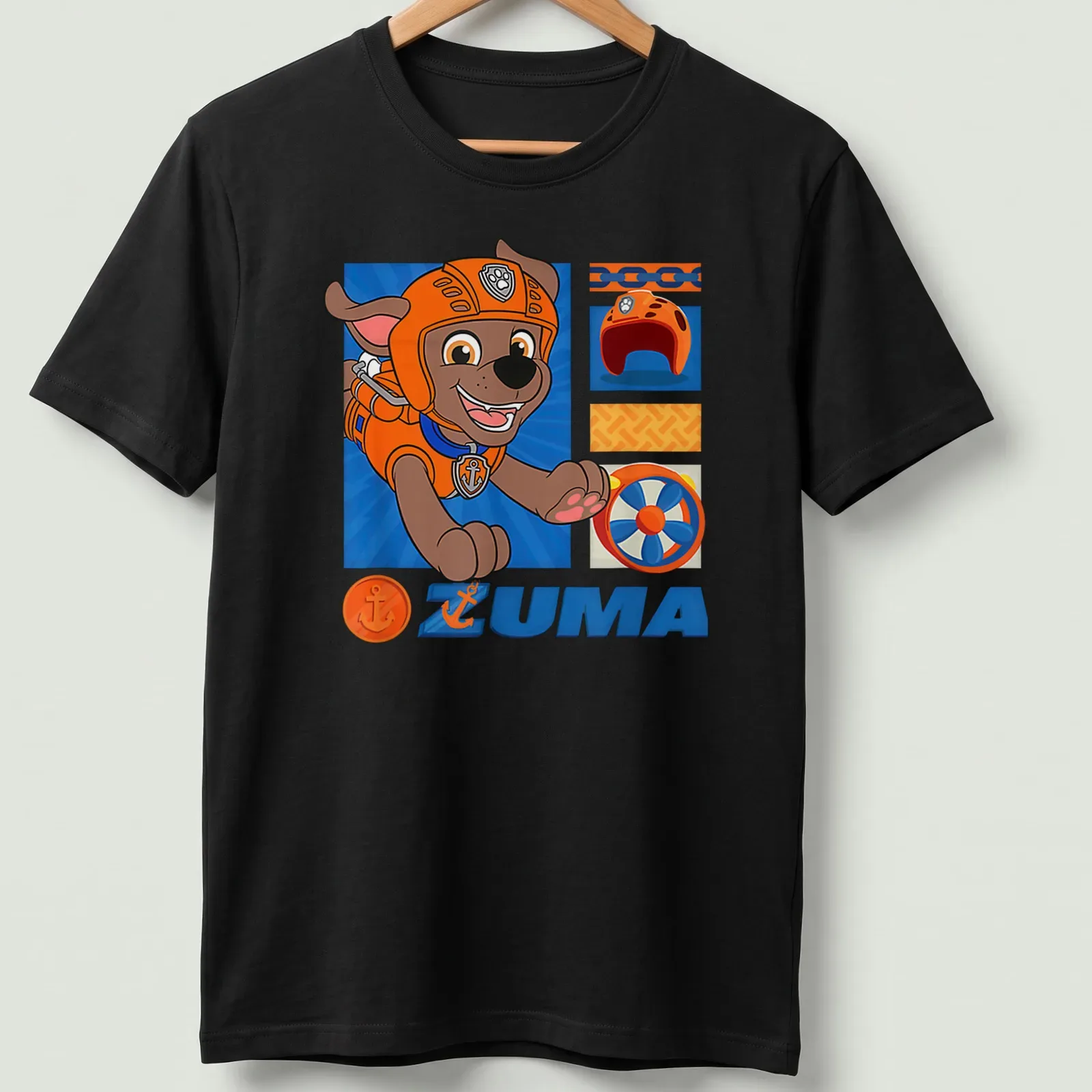Colorful cartoon ZUMA design from Paw Patrol on an orange — printed on a unisex t-shirt