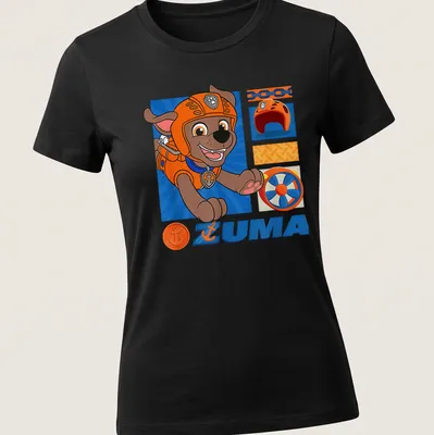 Colorful cartoon ZUMA design from Paw Patrol on an orange — printed on a women's shirt